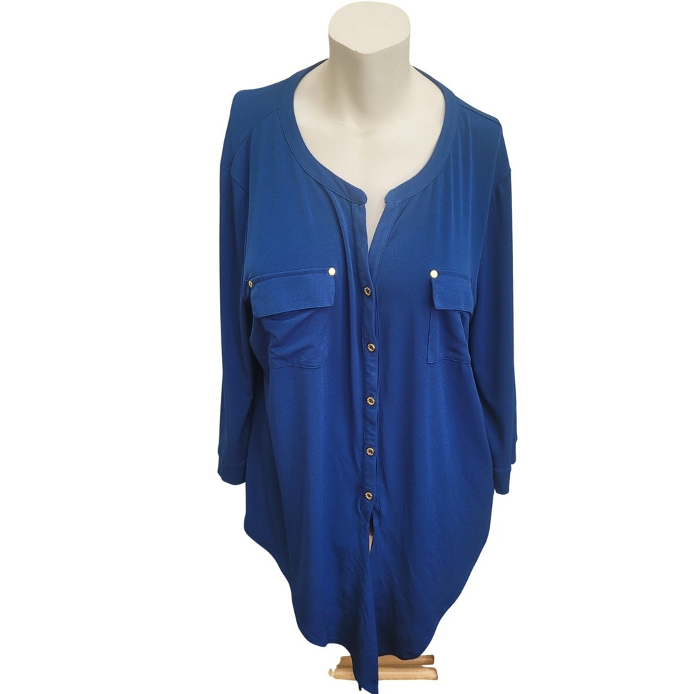 Ellen Tracy Blue Button Front Blouse 3/4 Sleeve XL V-Neck